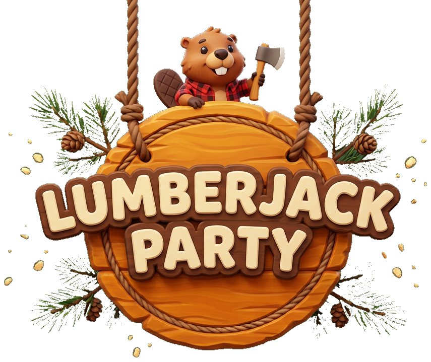 Lumberjack Party logo: a beaver in a red flannel shirt holding an axe over a wooden sign